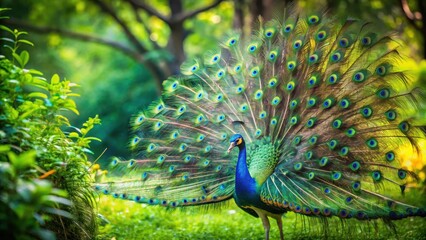 Obraz premium Peacock spreading its vibrant tail feathers in a lush green forest, beautiful bird