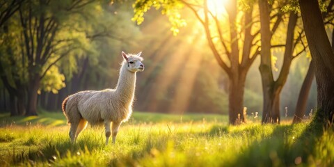 Fototapeta premium Alpaca in a serene meadow with soft sunlight filtering through the trees, alpacas, calm, gentle, peaceful, nature