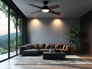 A modern ceiling fan with four blades, providing efficient air circulation in a sleek, contemporary room.