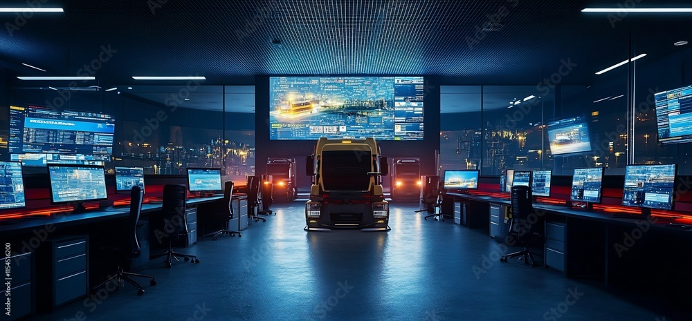 Poster a high-tech control room with multiple screens and a vehicle in the center.
