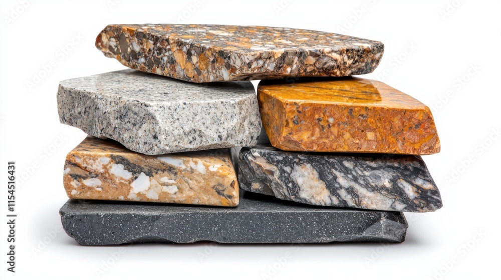 Poster stack of various rough and textured natural rock stones piled in hardscape setting