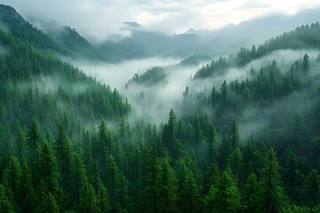 Misty Mountain Forest Verdant Trees Enveloping Peaks