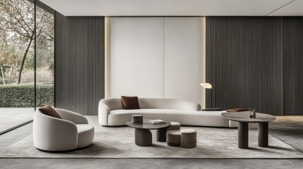 Modern living room with beige sofa, armchairs, and coffee tables.