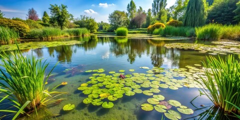 photos of a pond with aquatic plants and algae producing oxygen , ponds