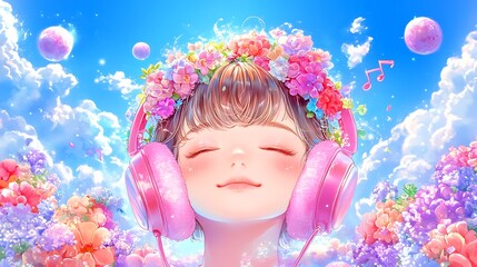 Fototapeta premium Cute girl listening to music in a floral wonderland. Concept of happiness, joy, and music.