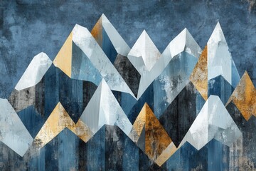 Mountain peaks in cubist deconstruction, slate gray and arctic blue, alpine dawn