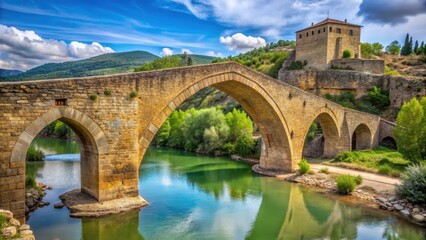 Fototapeta premium Medieval stone bridge in Allepuz, Aragon, Spain , medieval, aragon, teruel, maestrazgo, pueblo, castle, historic, architecture