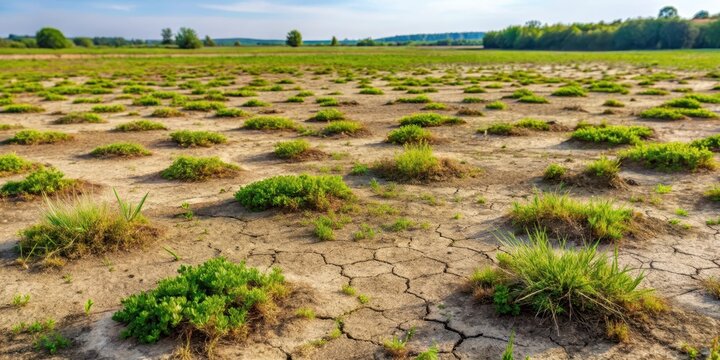 Dilapidated grassy plot with patchy clumps of sparse grass growing between large areas of bare earth and weeds