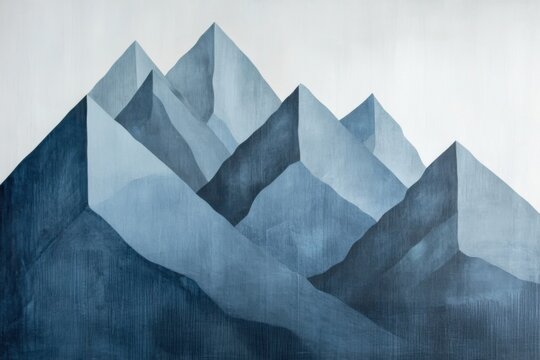Mountain peaks in cubist deconstruction, slate gray and arctic blue, alpine dawn