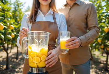 Couple preparing fresh lemonade in a lemon orchard. Generative AI