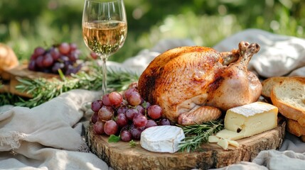 A whole chicken featured in an outdoor picnic setting, served with fresh bread, cheese, and wine 