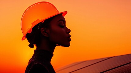 Silhouette of a woman in a hard hat at sunset, near solar panels.