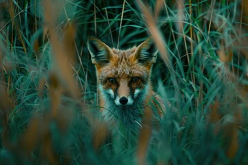 A fox peering through tall grass, showcasing its natural habitat.
