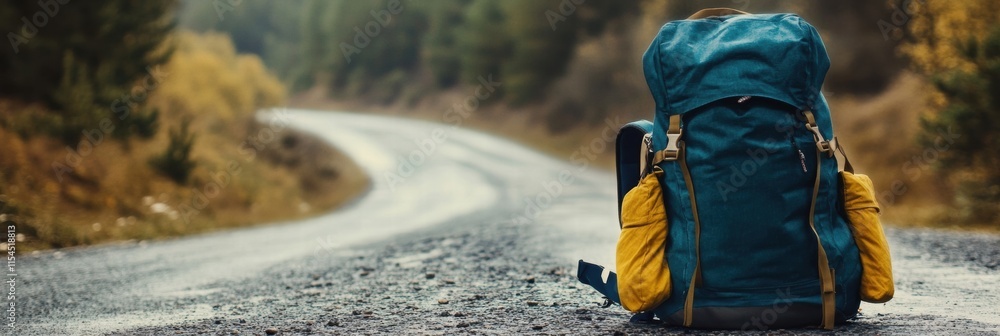 Poster travelers backpack resting on a quiet road surrounded by nature during a calm afternoon. generative 