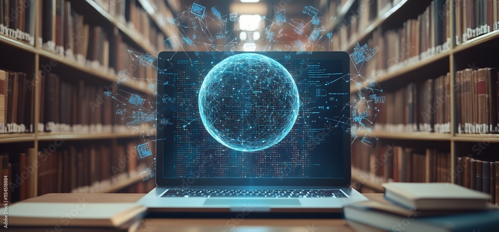Aufkleber a laptop displaying a digital globe in a library setting.