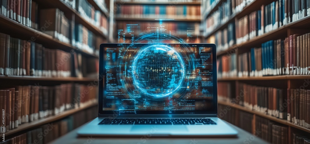 Poster a laptop displaying a digital globe in a library filled with books.