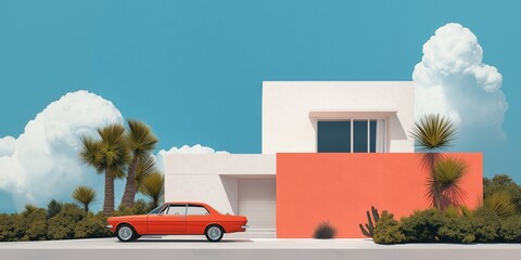Modern architectural home with a vibrant red retro car and desert plants under a blue sky