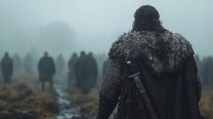Celtic warrior from the 3rd century BC in fur and leather armor with a sword and shield in a misty British forest