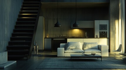 Modern loft apartment interior with kitchen, stairs, and living area.