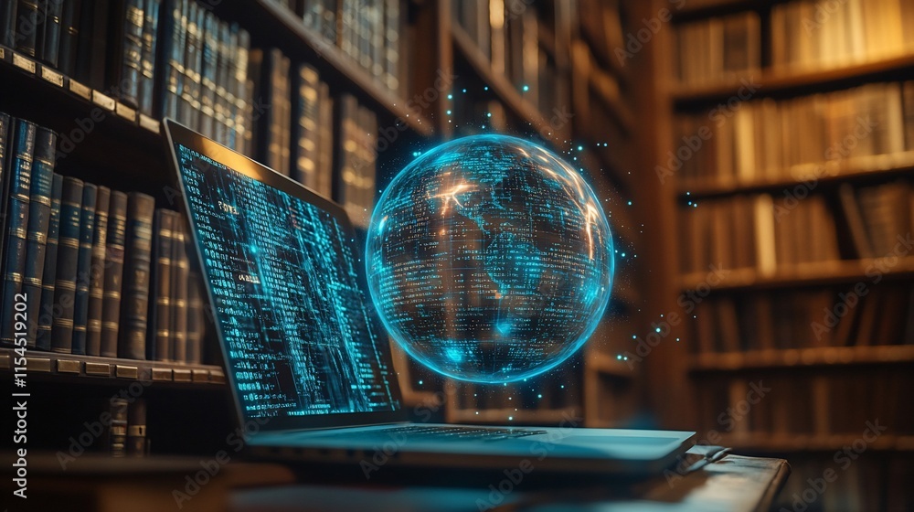 Poster a laptop displays code with a holographic globe above it in a library.