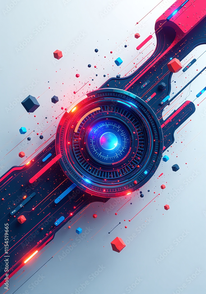 Poster abstract digital artwork features futuristic computer interface elements geometric shapes combined s