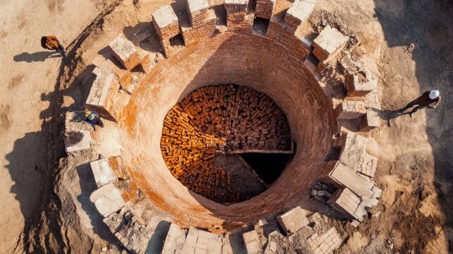 Aerial View of Ancient Brick Well Restoration:  A captivating aerial perspective of an ongoing restoration project, revealing the intricate brickwork of a historical well. Workers meticulously 