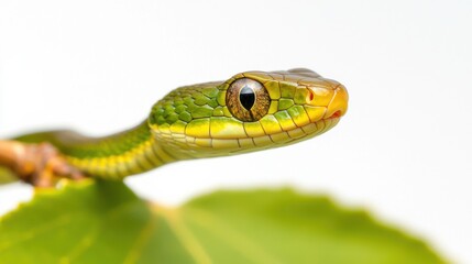 Fototapeta premium Closeup of Green Venomous Snake Head with Penetrating Eyes in Natural Habitat