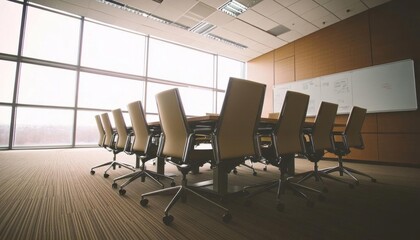 Modern conference room with a long table and ergonomic chairs.