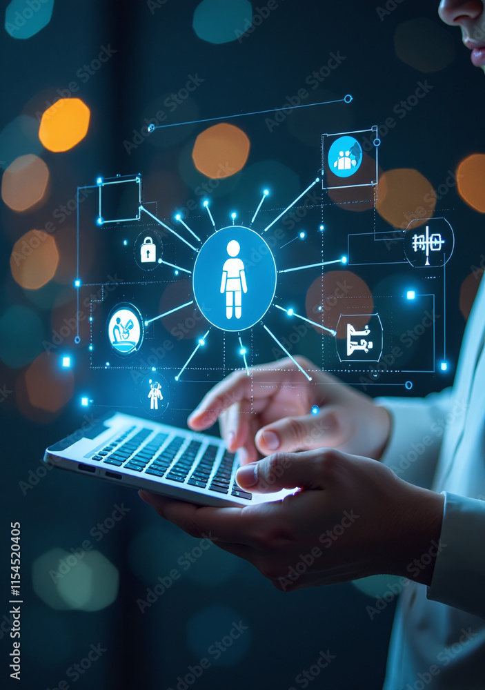 Poster ai technology connects people objects online robots sensors networks futuristic digital