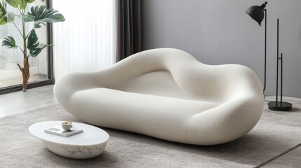 Modern minimalist off-white sofa in living room.