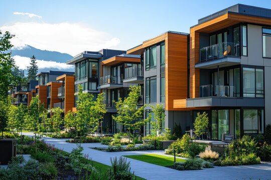 A modern residential complex featuring a series of sleek buildings with large windows and communal outdoor spaces. The design emphasizes urban living with a focus on sustainability and comfort.