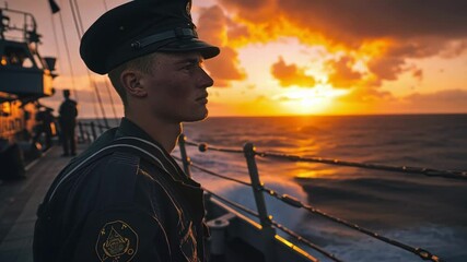 Young navy officer stands on the deck of a warship, gazing at a vibrant sunset over the ocean, his profile highlighted against the golden light - Powered by Adobe