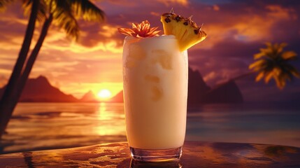 A tropical pina colada with a pineapple wedge garnish, served in a tall glass with a vibrant island sunset behind it 