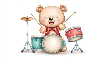 Cheerful Teddy Bear Drummer Performing with Drumset in Music Studio