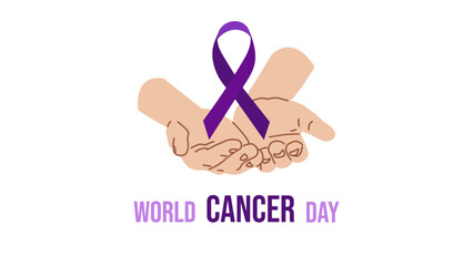 World Cancer Day. February 4th. Raising awareness. Embrace of hope. Purple ribbon symbol fight against cancer banner. Expressing support for patients and their families. Vector illustration.