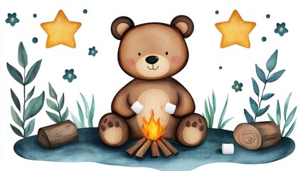 Cute Teddy Bear Sitting by Warm Campfire in Starry Night Forest Scene