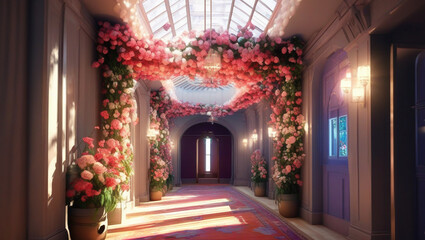 Obraz premium The hallway is pleasantly lit from the ceiling to the magnificent floral carpet.