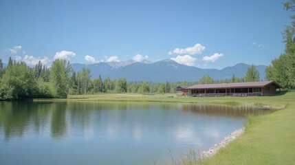 Obraz premium Serene Lake View with Mountains and Greenery Under a Clear Blue Sky