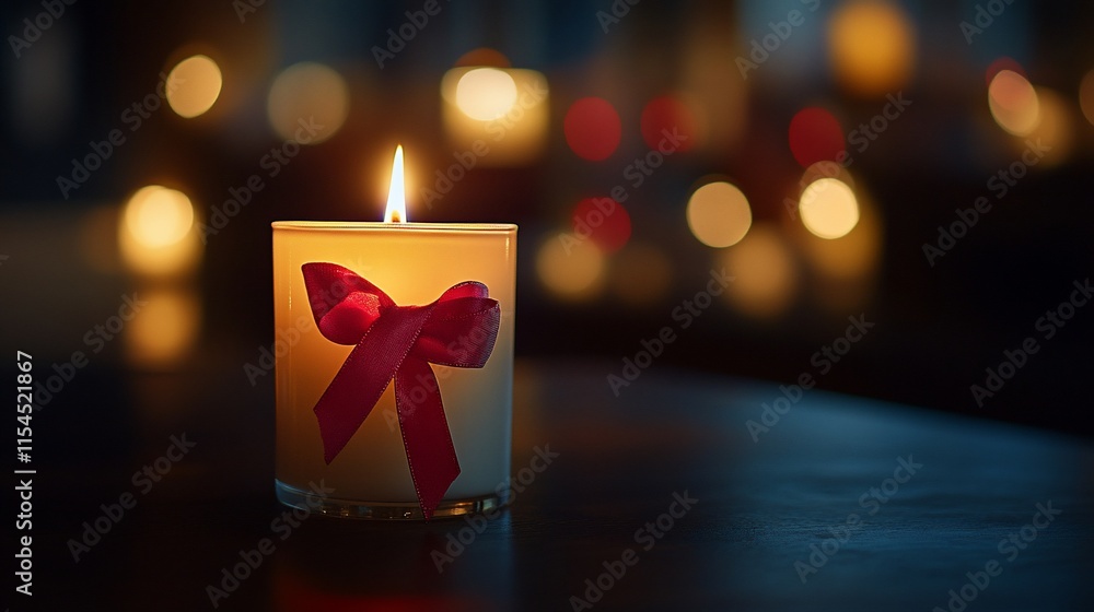 Poster a lit candle with a red bow, creating a warm and inviting atmosphere.