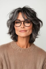 A woman wearing a brown sweater and glasses