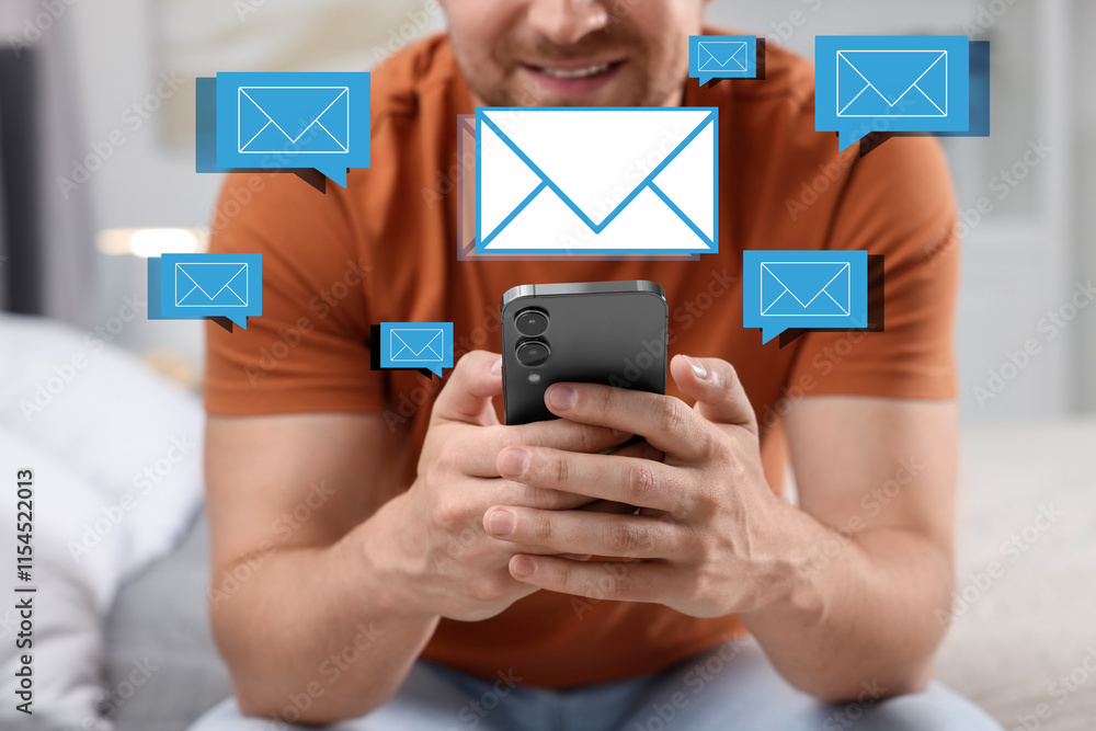 Poster man using mobile phone indoors, closeup. new message notification near device. illustration of envel