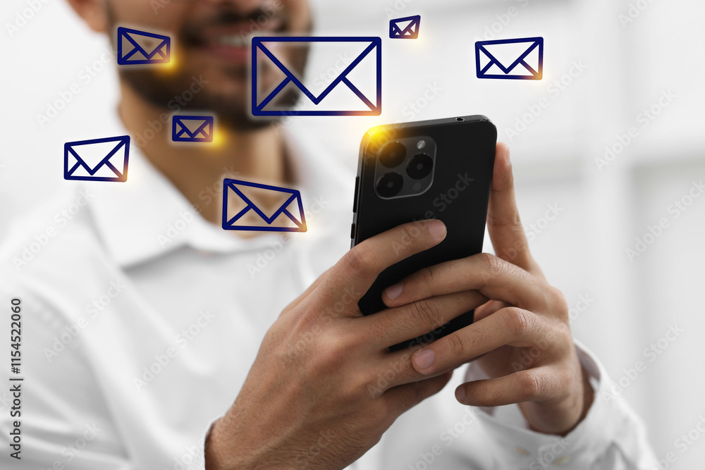 Poster man using mobile phone indoors, closeup. new message notification near device. illustration of envel