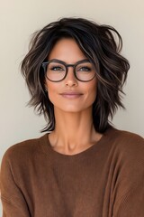 Fototapeta premium A woman wearing a brown sweater and glasses