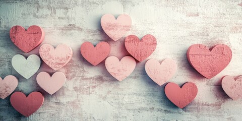 Pink hearts arranged on textured background