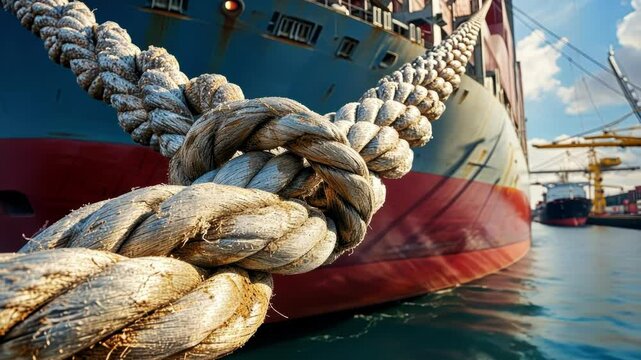 Massive cargo vessel anchored securely with robust mooring ropes, connecting global maritime trade at busy industrial harbor waterfront
