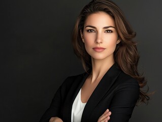 A studio portrait of a beautiful businesswoman with arms crossed. Her self-assured expression and sharp attire highlight her leadership presence.