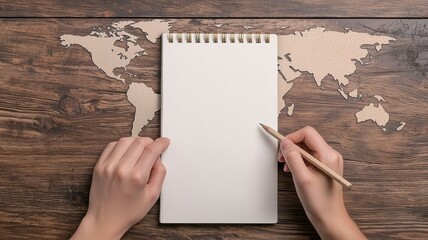 Gold Setting Travel Concept, A blank notepad sits on a wooden surface, with a world map in the background, ready for creative ideas and notes.