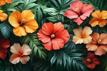 Vibrant Hibiscus Flowers Amidst Lush Tropical Foliage