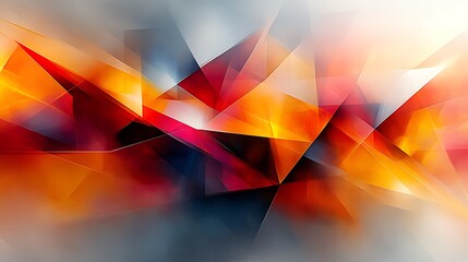 Abstract geometric shapes in vibrant orange, red, and gray hues.
