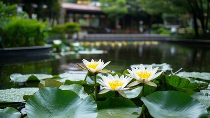 Serene Water Lilies in a Tranquil Garden Pond